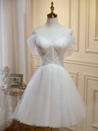 Off the Shoulder Short Champagne Tulle Prom Dresses, Short Formal Homecoming Dress