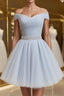 Off the Shoulder Short Gray Evening Prom Dress with Coset Back, Short Beaded Gray Graduation Homecoming Dress
