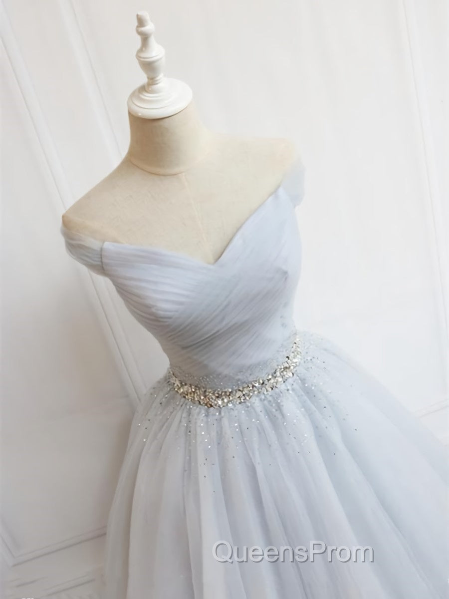 Off the Shoulder Short Gray Evening Prom Dress with Coset Back, Short Beaded Gray Graduation Homecoming Dress Secondary image