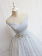 Off the Shoulder Short Gray Evening Prom Dress with Coset Back, Short Beaded Gray Graduation Homecoming Dress