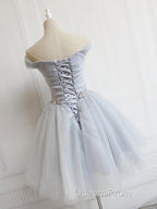 Off the Shoulder Short Gray Evening Prom Dress with Coset Back, Short Beaded Gray Graduation Homecoming Dress
