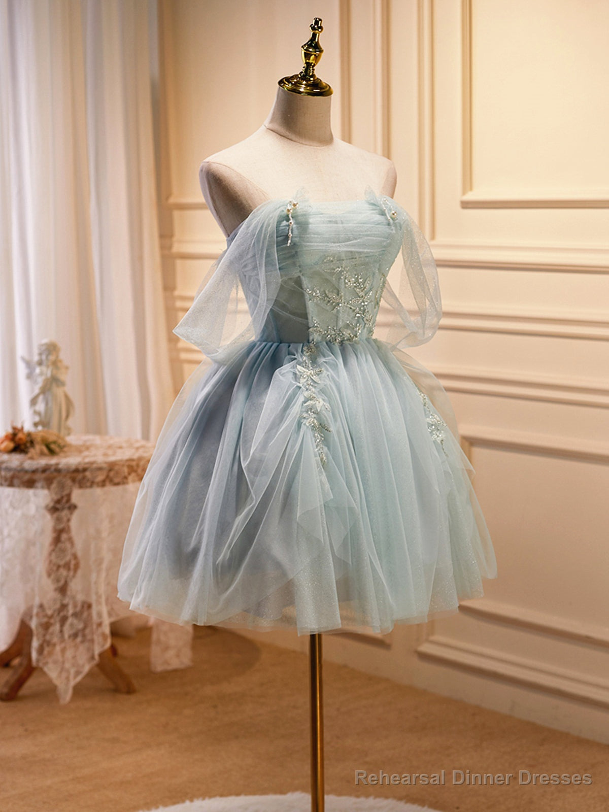 Off the Shoulder Short Green Beaded Prom Dresses, Short Green Formal Graduation Dresses Main image