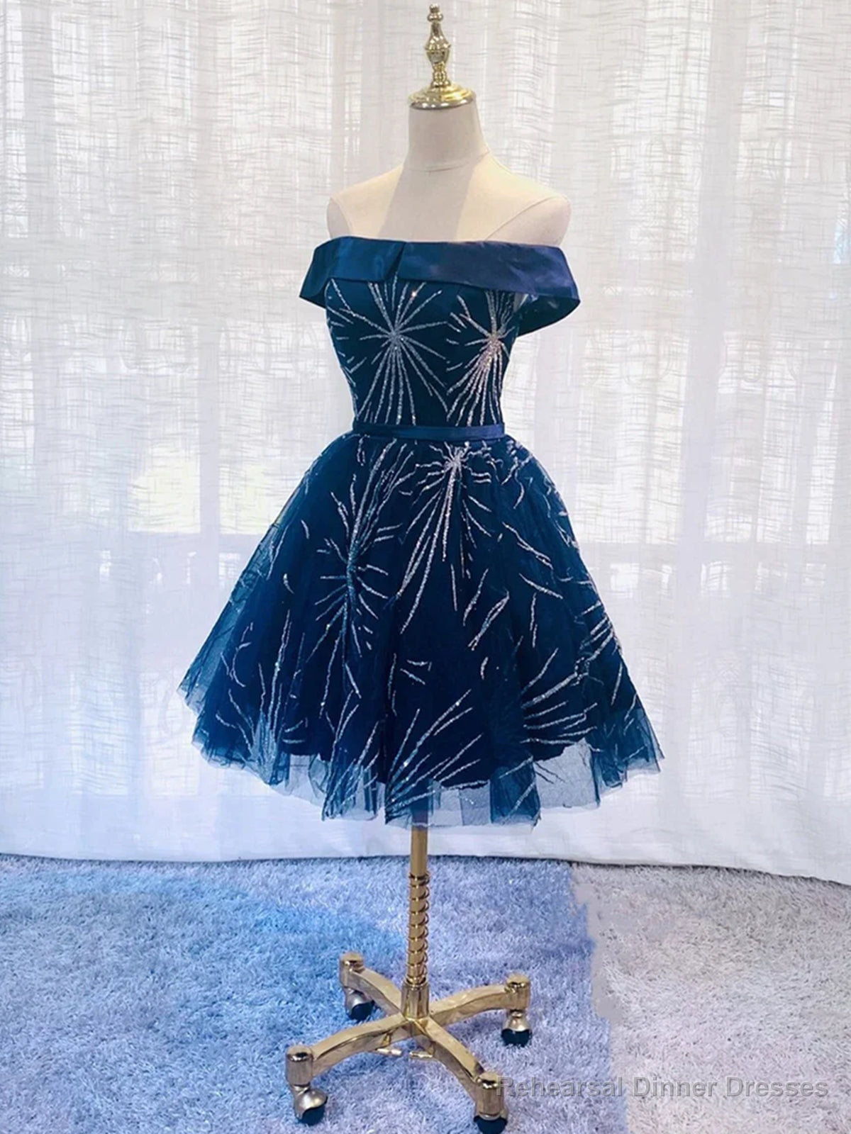 Off the Shoulder Short Navy Blue Prom Dresses, Short Dark Blue Formal Homecoming Dresses Main image
