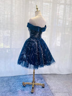 Off the Shoulder Short Navy Blue Prom Dresses, Short Dark Blue Formal Homecoming Dresses