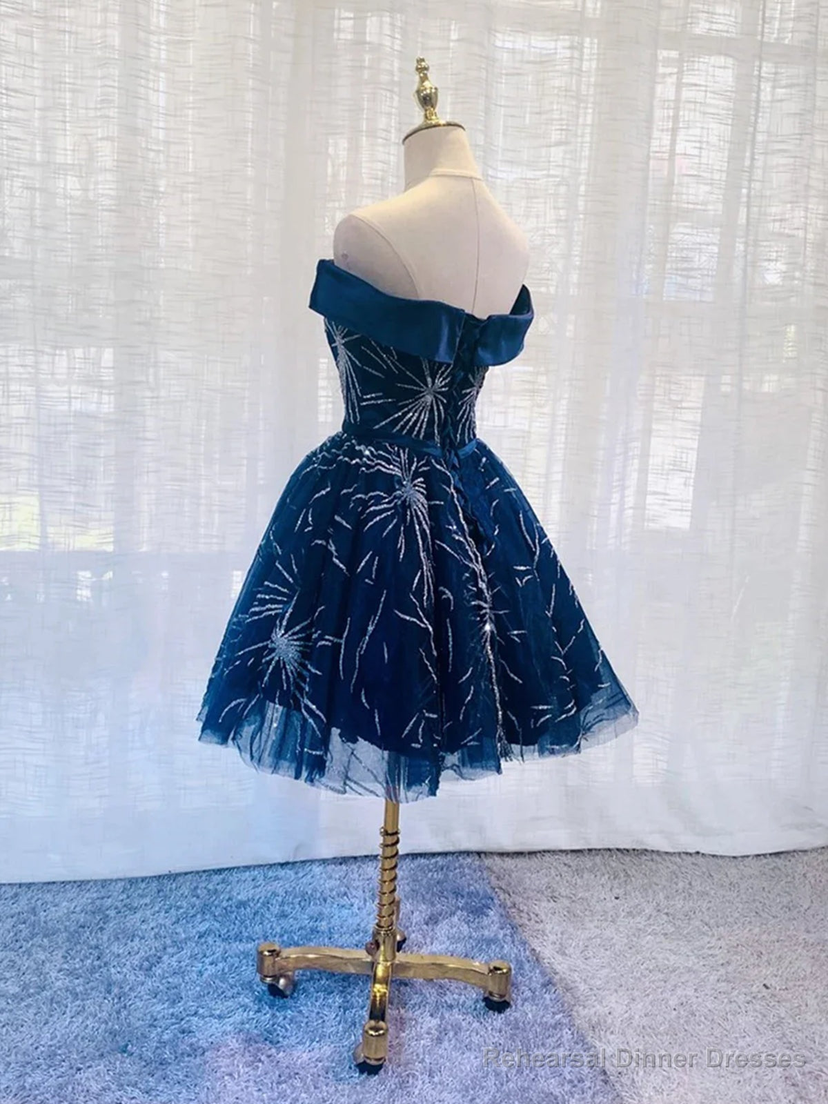 Off the Shoulder Short Navy Blue Prom Dresses, Short Dark Blue Formal Homecoming Dresses