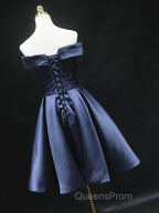 Off the Shoulder Short Navy Blue Evening Prom Dress, Short Navy Blue Formal Homecoming Graduation Dress
