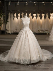 Off-The-Shoulder Short Sleeves Tulle Applique With Beading Court Train Ball Gown Wedding Dress