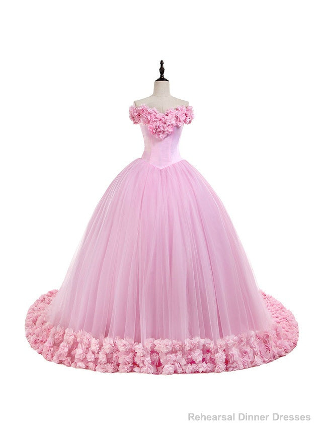 Off the Shoulder Sweet 16 Dress Pink 3D Flowers Tulle Quinceanera Dresses Main image