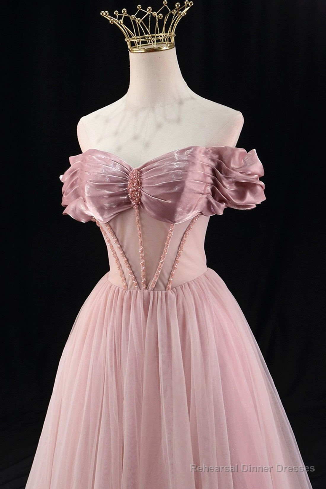 Off the Shoulder Sweetheart Beaded Tulle Long Prom Dress, A-Line Pink Evening Dress Secondary image