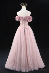 Off the Shoulder Sweetheart Beaded Tulle Long Prom Dress, A-Line Pink Evening Dress