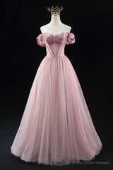 Off the Shoulder Sweetheart Beaded Tulle Long Prom Dress, A-Line Pink Evening Dress