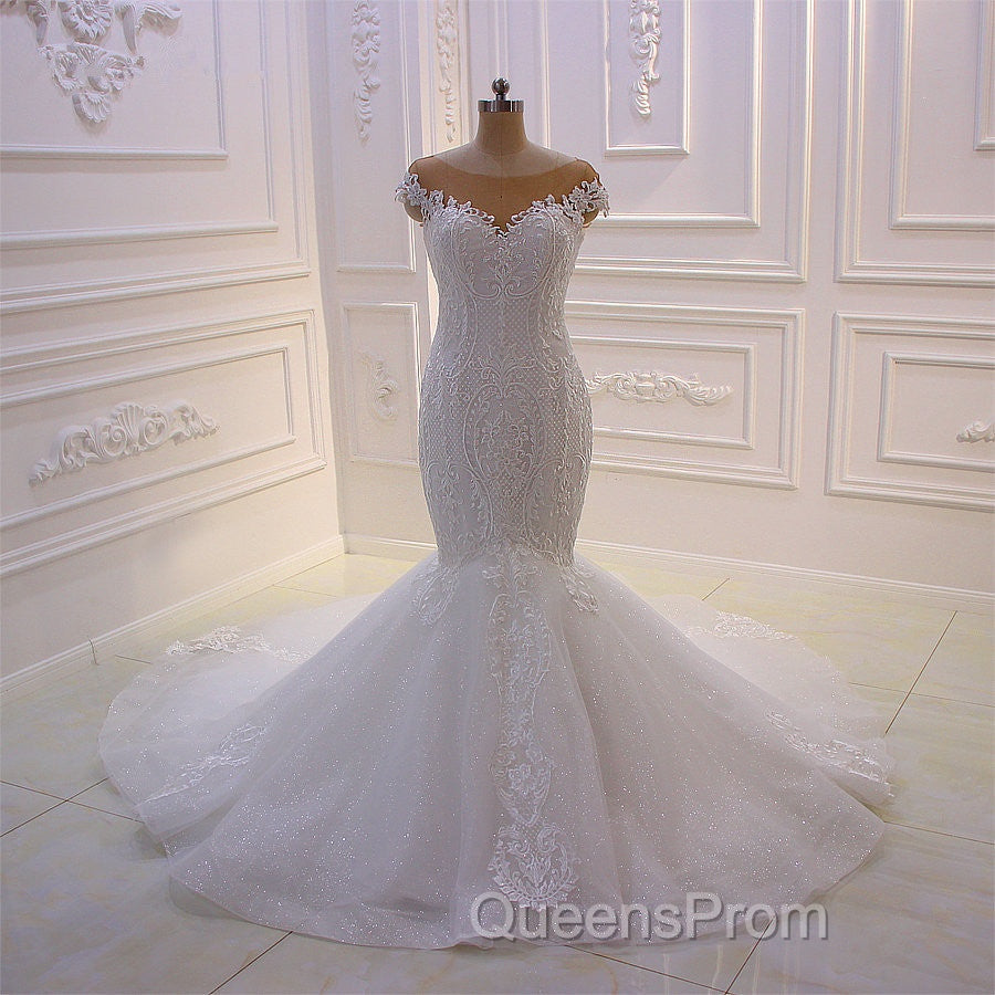 Off the Shoulder Sweetheart White Lace Appliques Tulle Mermaid Wedding Dress