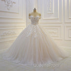 Off the shoulder Tulle Lace Appliques Sequined Wedding Dress