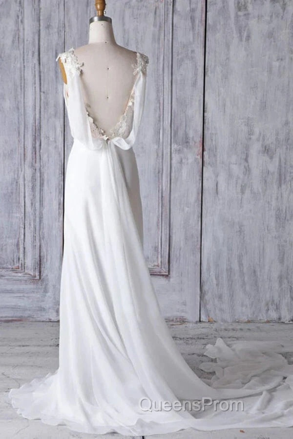 Off-The-Shoulder V Neck Backless Sheath Lace Chiffon Long Beach Wedding Dress Secondary image