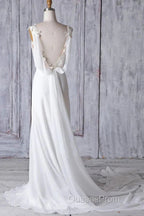 Off-The-Shoulder V Neck Backless Sheath Lace Chiffon Long Beach Wedding Dress