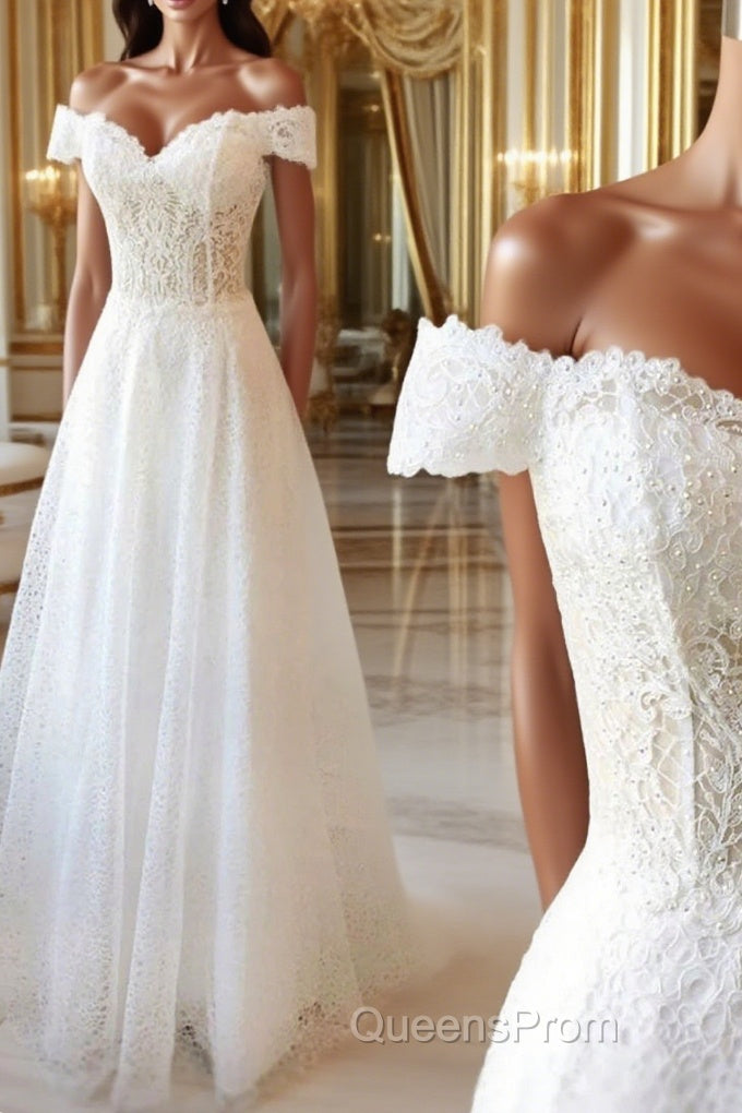 Off the Shoulder White Lace Long Evening Prom Dress withe Beading, Off Shoulder White Lace Formal Dress, White Lace Evening Dress Main image