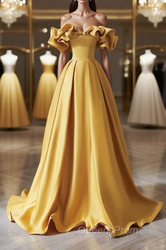Off the Shoulder Yellow Satin Long Evening Prom Dress, Off Shoulder Yellow Long Formal Evening Dress Main image