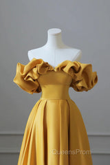 Off the Shoulder Yellow Satin Long Evening Prom Dress, Off Shoulder Yellow Long Formal Evening Dress