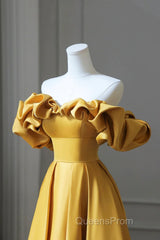 Off the Shoulder Yellow Satin Long Evening Prom Dress, Off Shoulder Yellow Long Formal Evening Dress