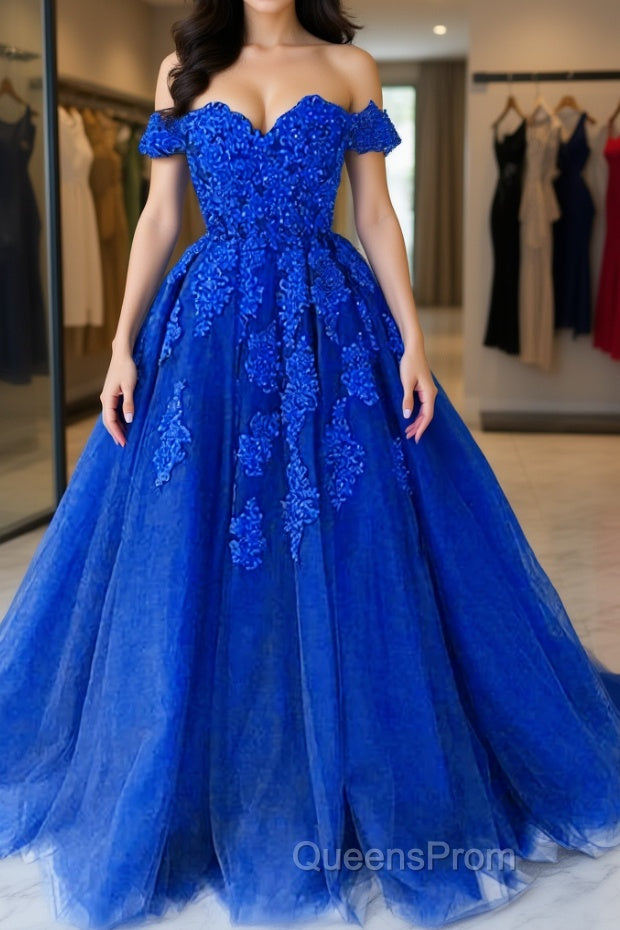 Off the Shouler Royal Blue Lace Evening Prom Dress, Off Shoulder Blue Lace Formal Evening Dress Main image