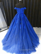 Off the Shouler Royal Blue Lace Evening Prom Dress, Off Shoulder Blue Lace Formal Evening Dress