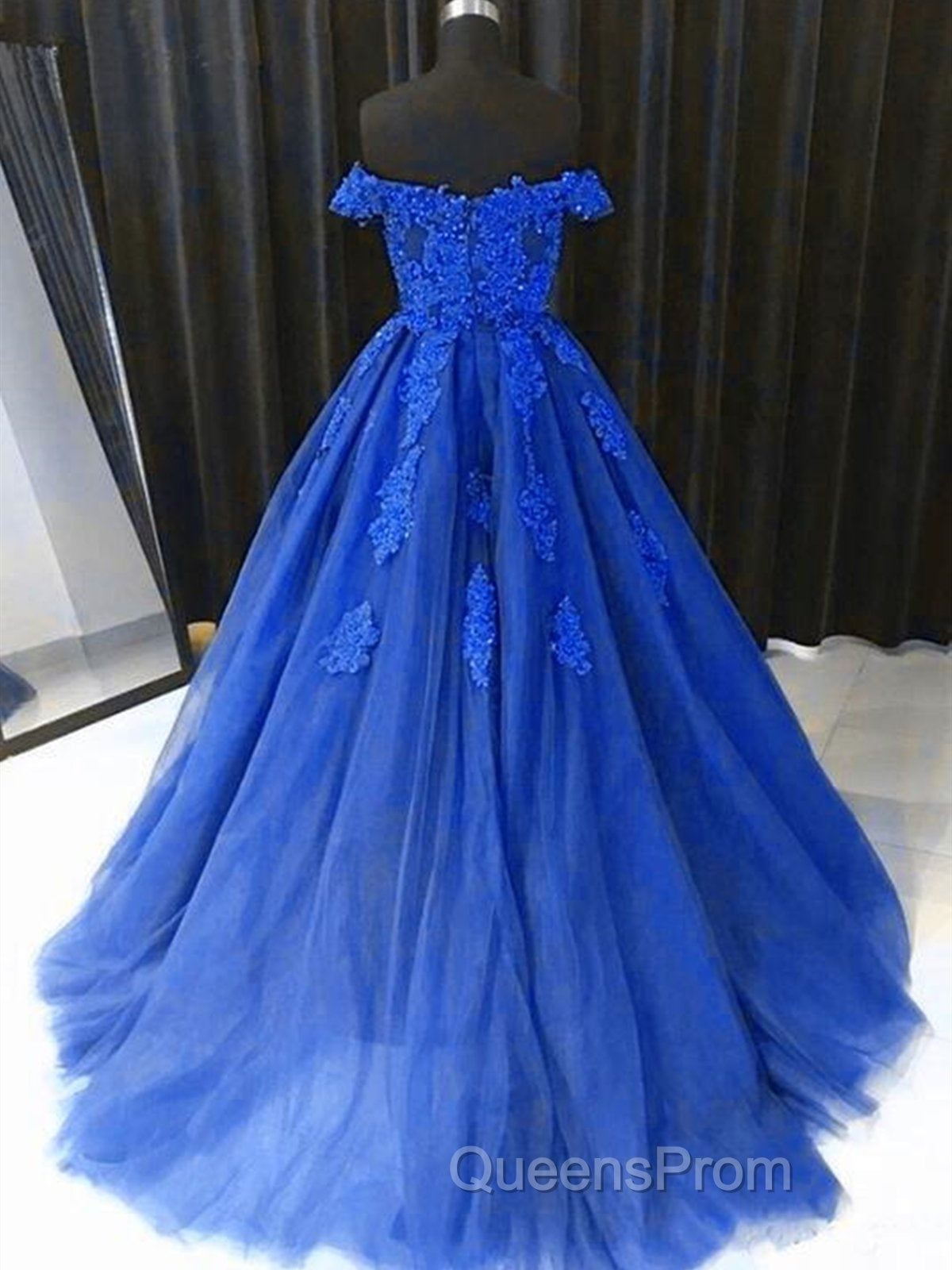 Off the Shouler Royal Blue Lace Evening Prom Dress, Off Shoulder Blue Lace Formal Evening Dress