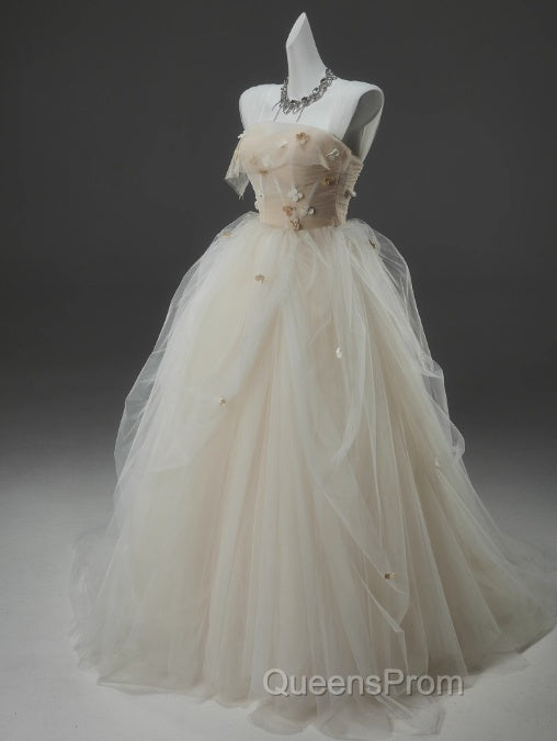 Off-White A-Line Straps Tulle Long Evening Prom Dress Simple Applique Wedding Dress Secondary image