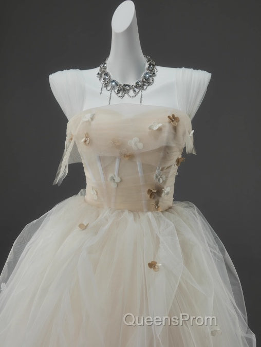 Off-White A-Line Straps Tulle Long Evening Prom Dress Simple Applique Wedding Dress
