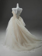 Off-White A-Line Straps Tulle Long Evening Prom Dress Simple Applique Wedding Dress