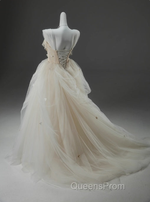 Off-White A-Line Straps Tulle Long Evening Prom Dress Simple Applique Wedding Dress