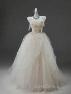 Off-White A-Line Straps Tulle Long Evening Prom Dress Simple Applique Wedding Dress