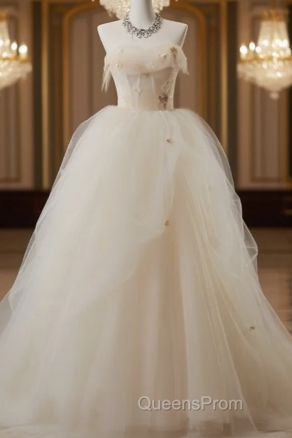 Off-White A-Line Straps Tulle Long Evening Prom Dress Simple Applique Wedding Dress Main image