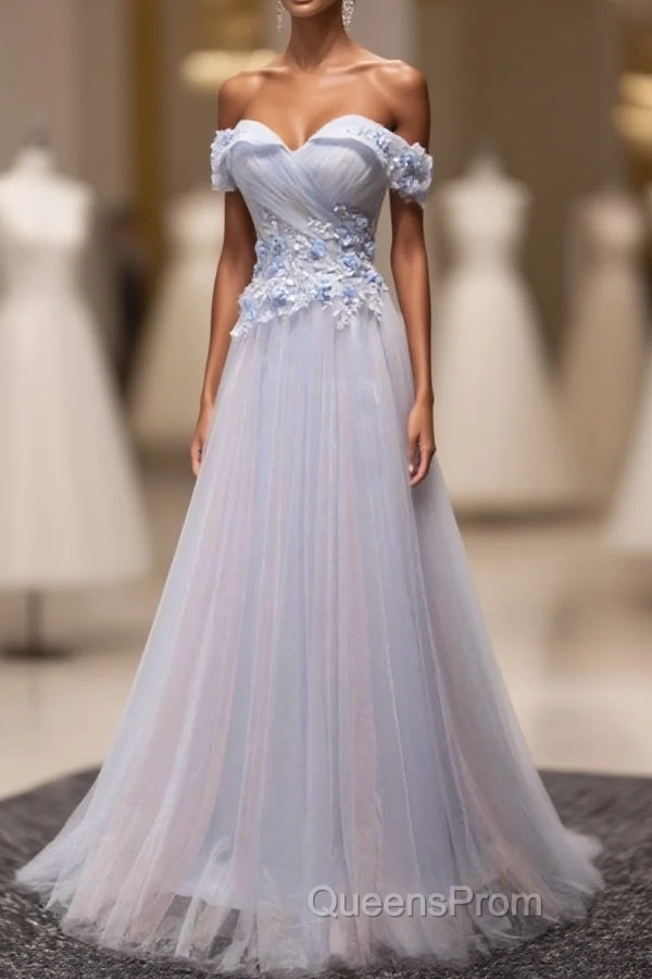 Light Blue Tulle Lace Long Evening Prom Dress, Lace Evening Dress