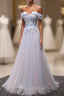 Light Blue Tulle Lace Long Evening Prom Dress, Lace Evening Dress