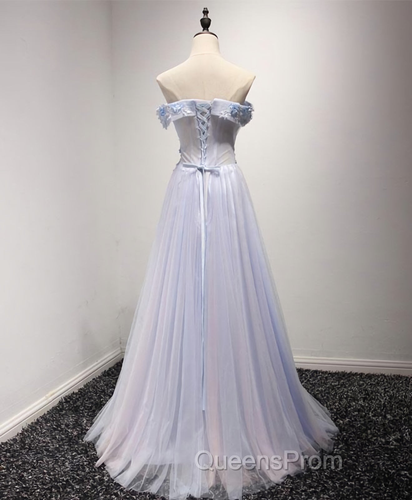 Light Blue Tulle Lace Long Evening Prom Dress, Lace Evening Dress