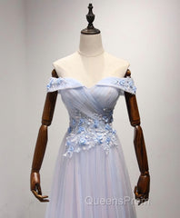Light Blue Tulle Lace Long Evening Prom Dress, Lace Evening Dress