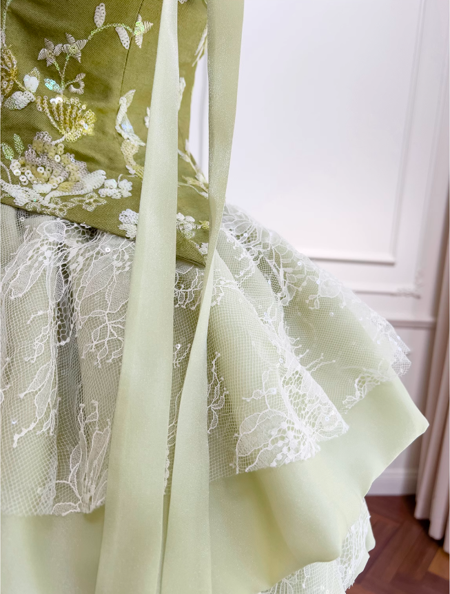 Olive Green A-Line Mesh Lace Sequined Short Prom Dress Homecoming Dress