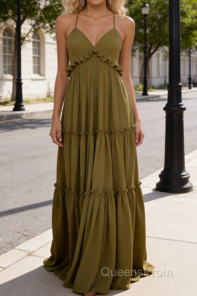 Olive Green A-line V Neck Sleeveless Floor-Length Chiffon Prom Dress Long Prom Dresses Backless with Pleated Ruffles Main image