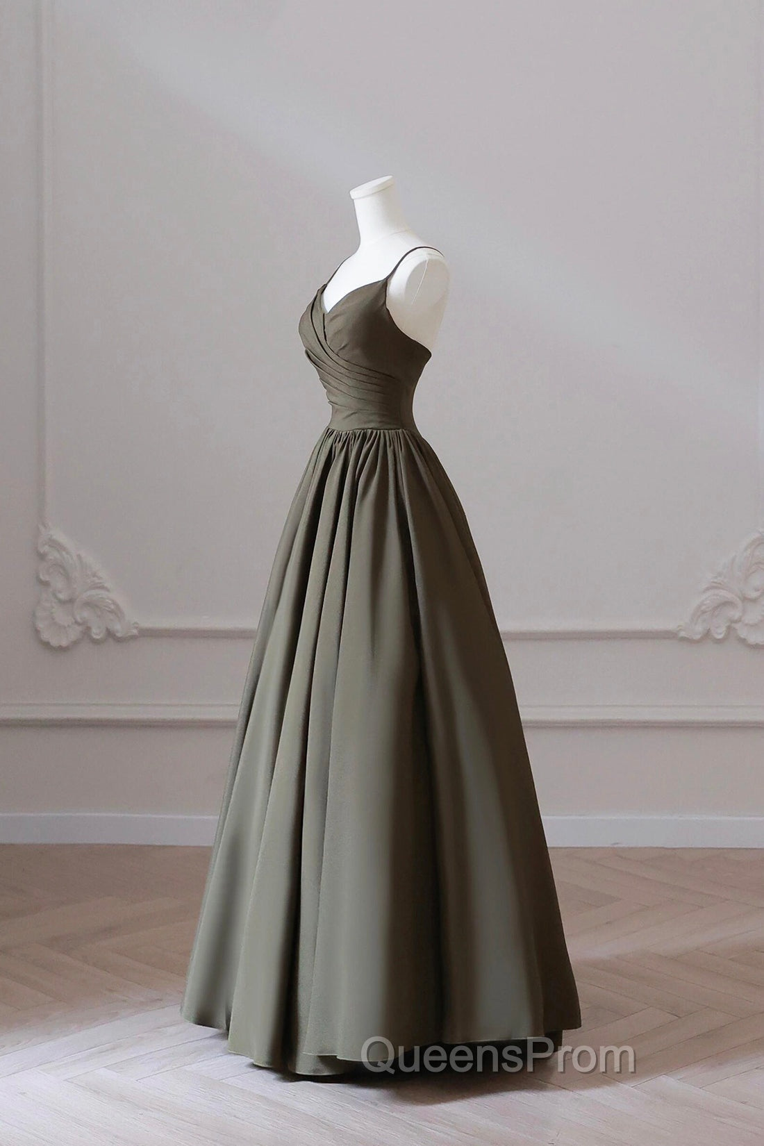Olive Green Spaghetti Strap Satin Long Evening Prom Dress, A-Line V Neck Party Dress Secondary image