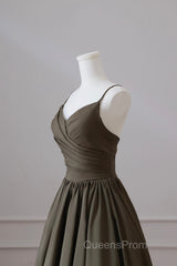 Olive Green Spaghetti Strap Satin Long Evening Prom Dress, A-Line V Neck Party Dress