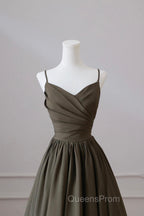 Olive Green Spaghetti Strap Satin Long Evening Prom Dress, A-Line V Neck Party Dress