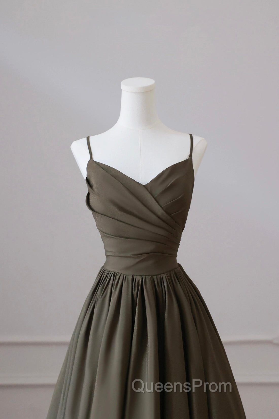 Olive Green Spaghetti Strap Satin Long Evening Prom Dress, A-Line V Neck Party Dress