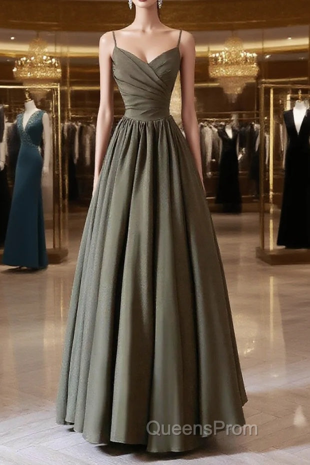 Olive Green Spaghetti Strap Satin Long Evening Prom Dress, A-Line V Neck Party Dress