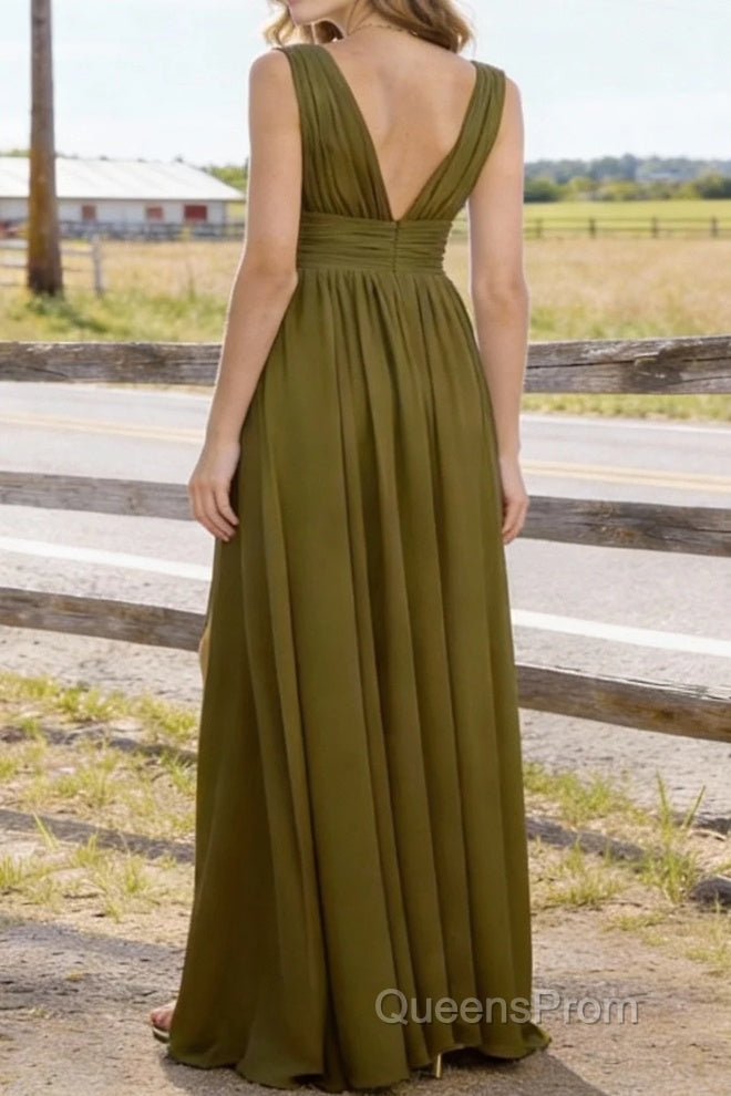 Olive Green V Neck Chiffon Floor Length Bridesmaid Dresses Long Bridesmaid Dress With Pleated Split