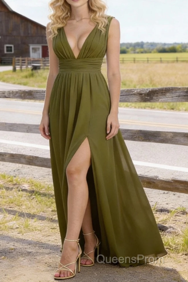 Olive Green V Neck Chiffon Floor Length Bridesmaid Dresses Long Bridesmaid Dress With Pleated Split