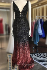 Ombre Mermaid V-Neck Court Train Evening Prom Sequins Dress