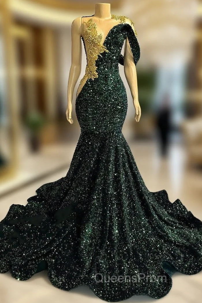One shoudler Dark Green Sequin Floor length Evening Prom Dress Main image