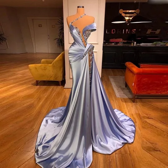 One Shoudler Light Blue Sparkle A-Line High Split Prom Dresses