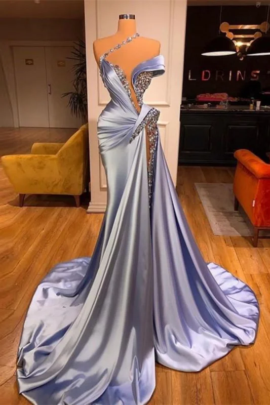 One Shoudler Light Blue Sparkle A-Line High Split Prom Dresses Main image