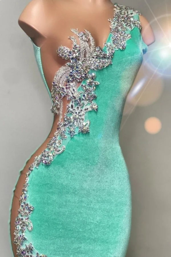 One Shoudler Mint Green Silver Velvet Floor Length Prom Dresses